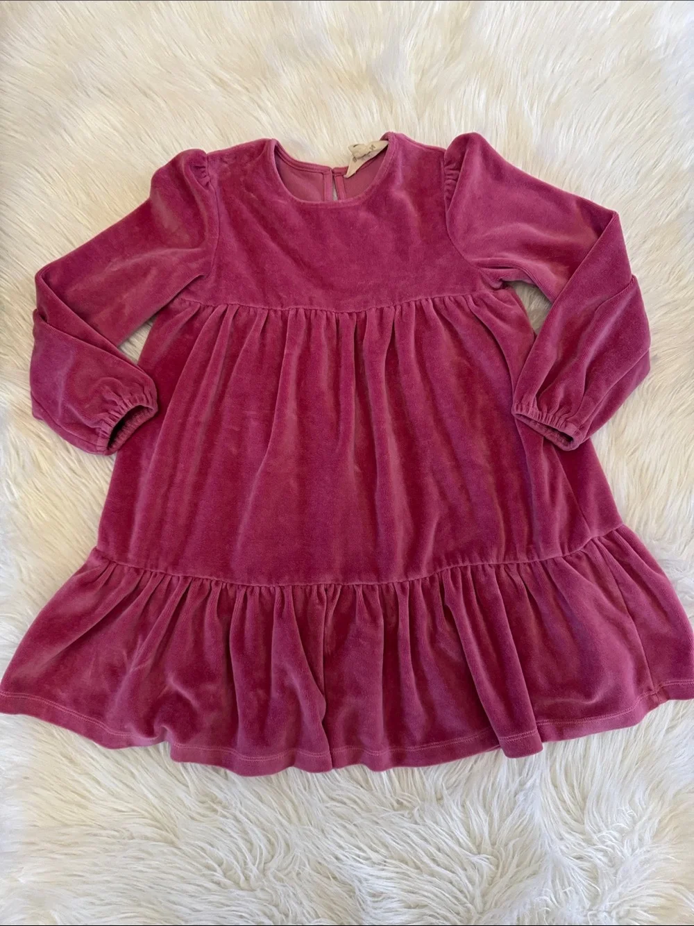 Mini Boden Girls' Velvet Long-Sleeve Tiered Dress In Pink Rose Size 7-8Y